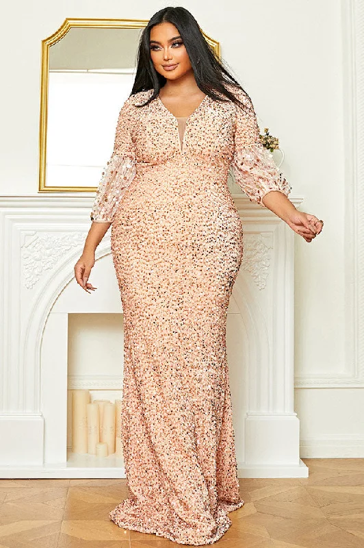 Plus Size Pink Sequins Prom Gown Evening Dress