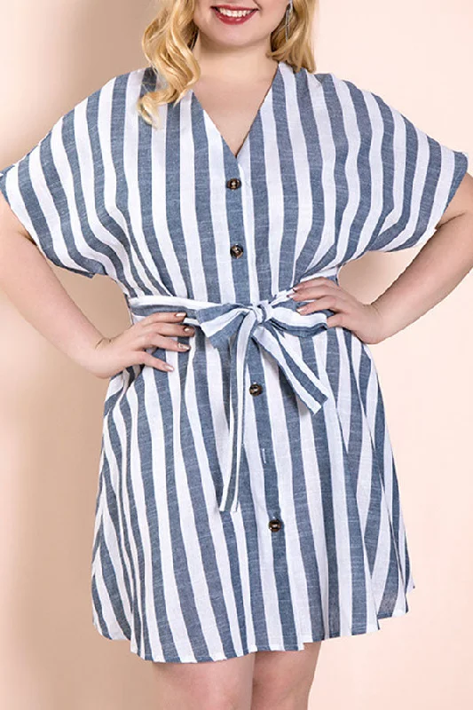 Plus Size Striped Lace-up Buttoned Dress