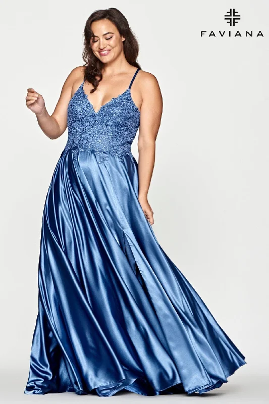 Steel Blue Plus Size Long Flowy Prom Dress With Lace Bustier And Corset Back